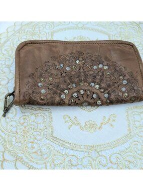 Platania Brown Leather Studded Wallet Made In Italy Soft Zip Large Clutch Purse